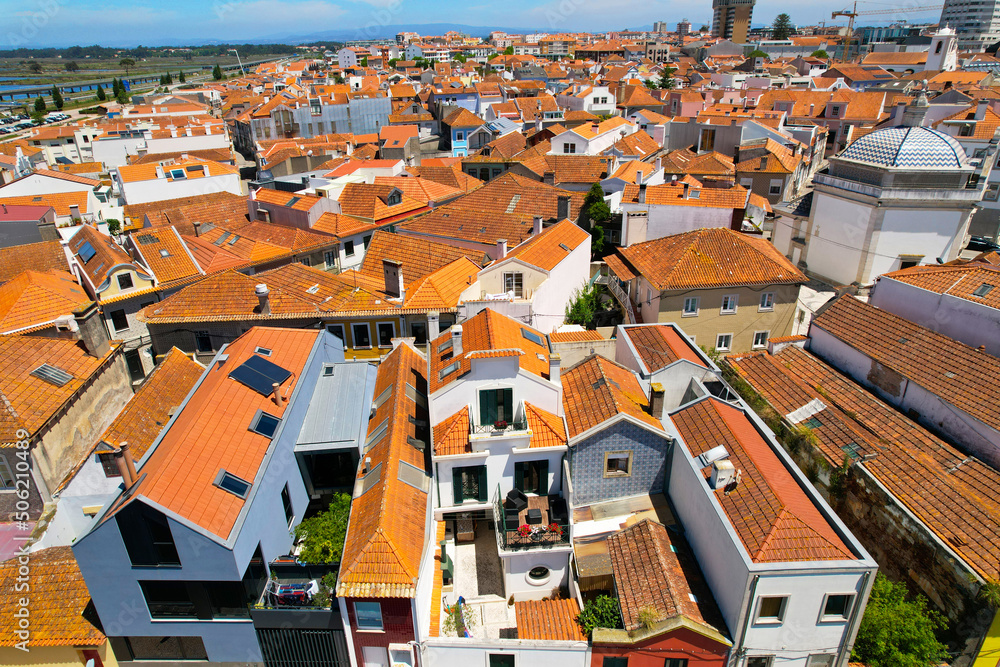 Aerial view of Typical portugal old houses roof tops in Aveiro city