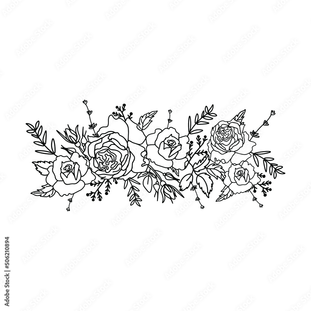 Vector composition with flowers in black line.Botanical,floral bouquet,hand drawn wreath.Designs for wrapping paper,textile,scrapbooking paper,fabric,packaging,printing,wedding invitations,stickers.
