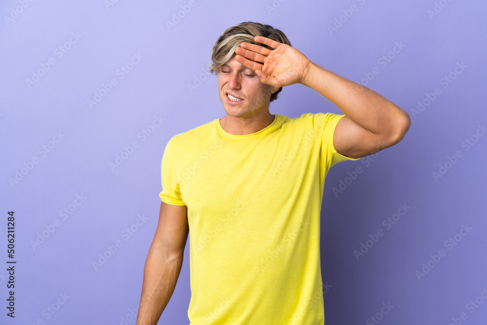 English man over isolated purple background with tired and sick expression English man over isolated purple background with tired and sick expression