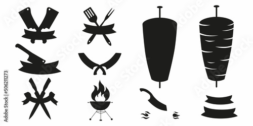 Logo constructor for doner, kebab, barbecue, grill party logo set. Vector stock illustration isolated on white background for design packaging, logo, menu in restaurant, butcher shop. 