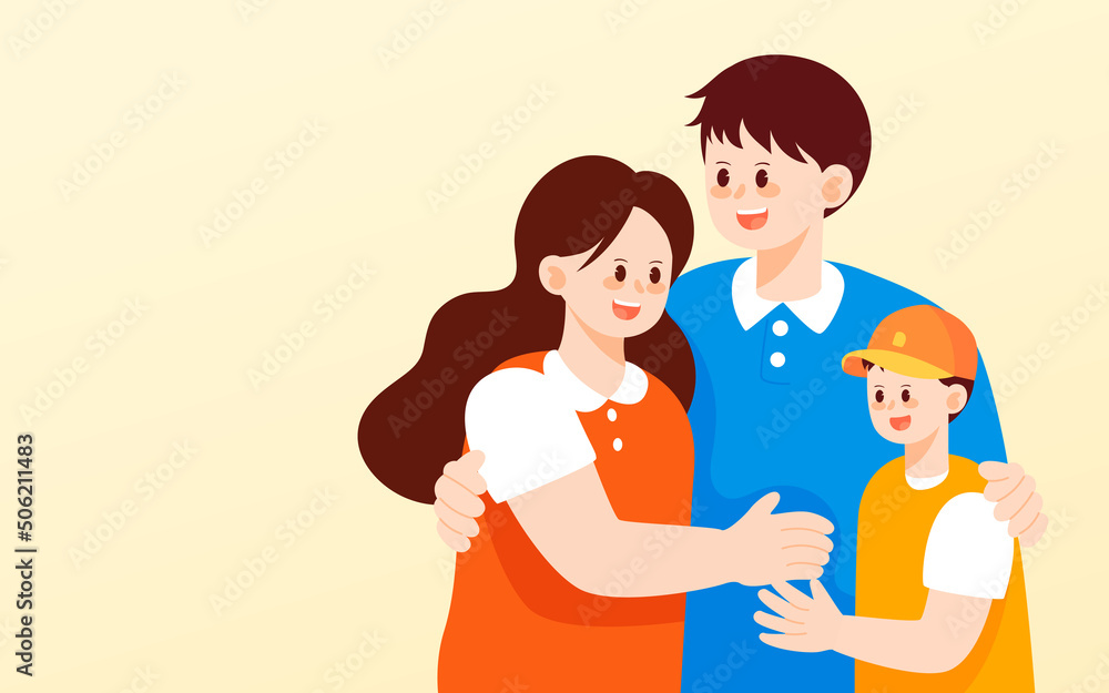 Father's day family hugging together, parent-child interaction, vector illustration