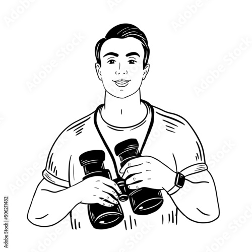 Lifeguard with binoculars in hands sketch in doodle.Rescuer logo.Vector illustration