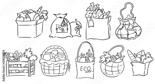 Farm organic fruit and vegetables in reusable paper packages, textile bag, basket, wooden box. Eco friendly shopping. Ecology concept. Contour and line art illustration set.