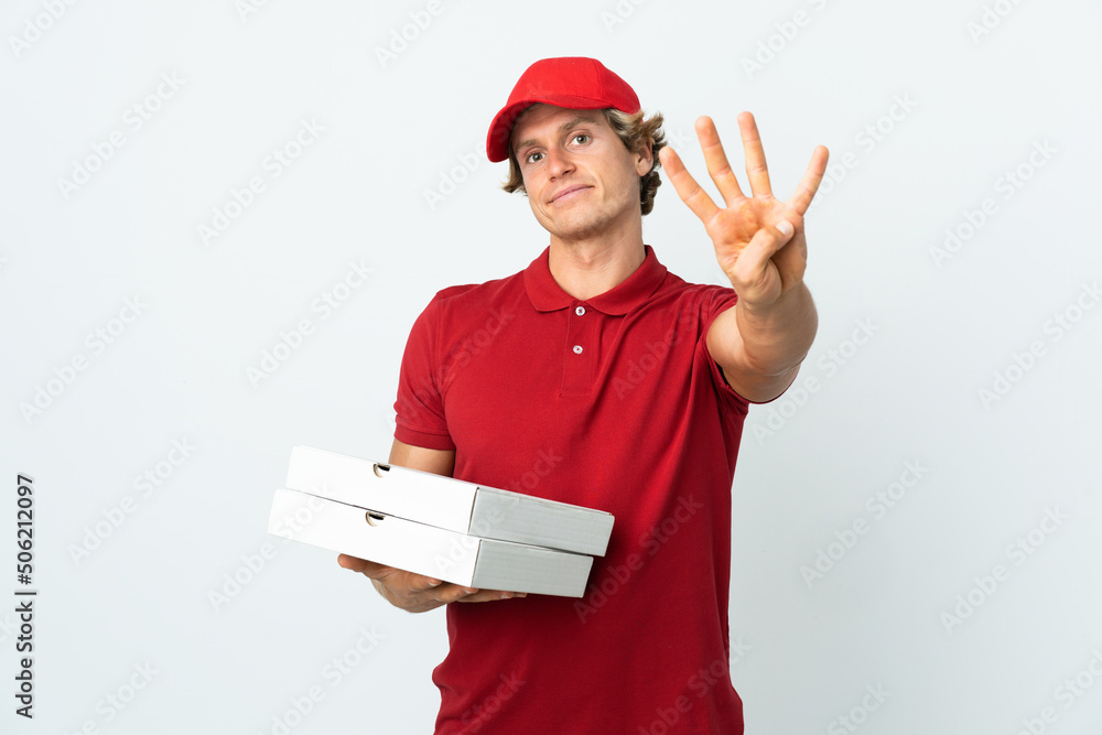 pizza delivery man over isolated white background happy and counting four with fingers pizza delivery man over isolated white background happy and counting four with fingers