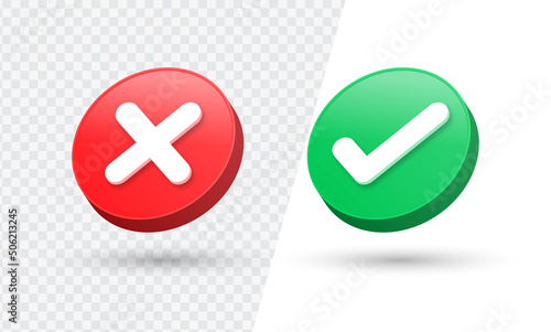 3d checkmark icon button correct and incorrect sign or check mark box frame with green tick and red cross symbols - yes or no 3d icons buttons