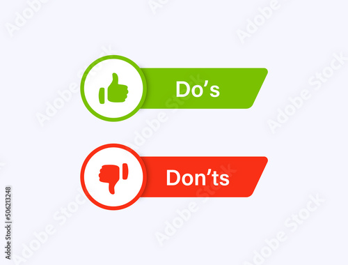 Dos and donts icons in line frame - thumbs up or thumb down label banner. Like or dislike - do's and don'ts frames - true or false - Dos and dont in outline frame photo