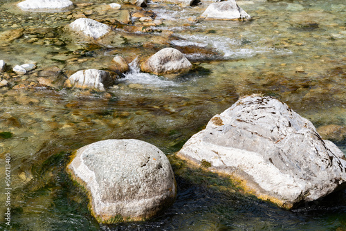 Rocks in the rhine river in Grison in Switzerland