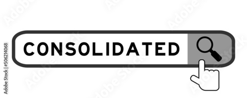 Search banner in word consolidated with hand over magnifier icon on white background