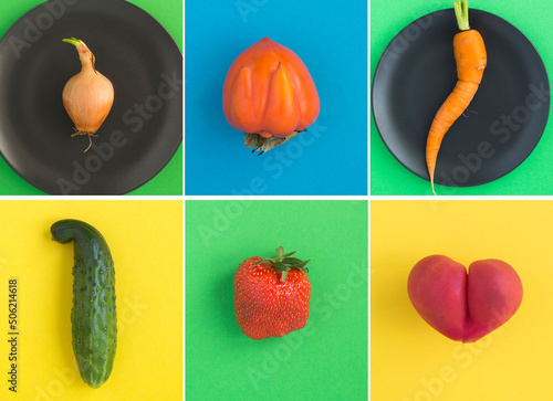 Collage of ugly fruit and vegetable on the colored background. Top view.