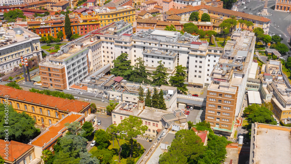 Aerial view of the Azienda Ospedaliera San Giovanni Addolorata in Rome, Italy. It's one of the largest hospitals in the city and is known as San Giovanni hospital.