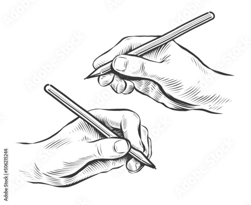 Writing hand with pen. Hand drawn sketch in vintage engraving style. Vector illustration