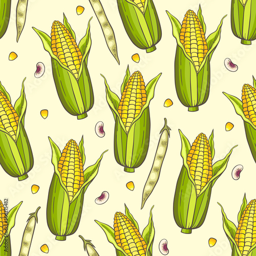 Seamless pattern with corn and beans.