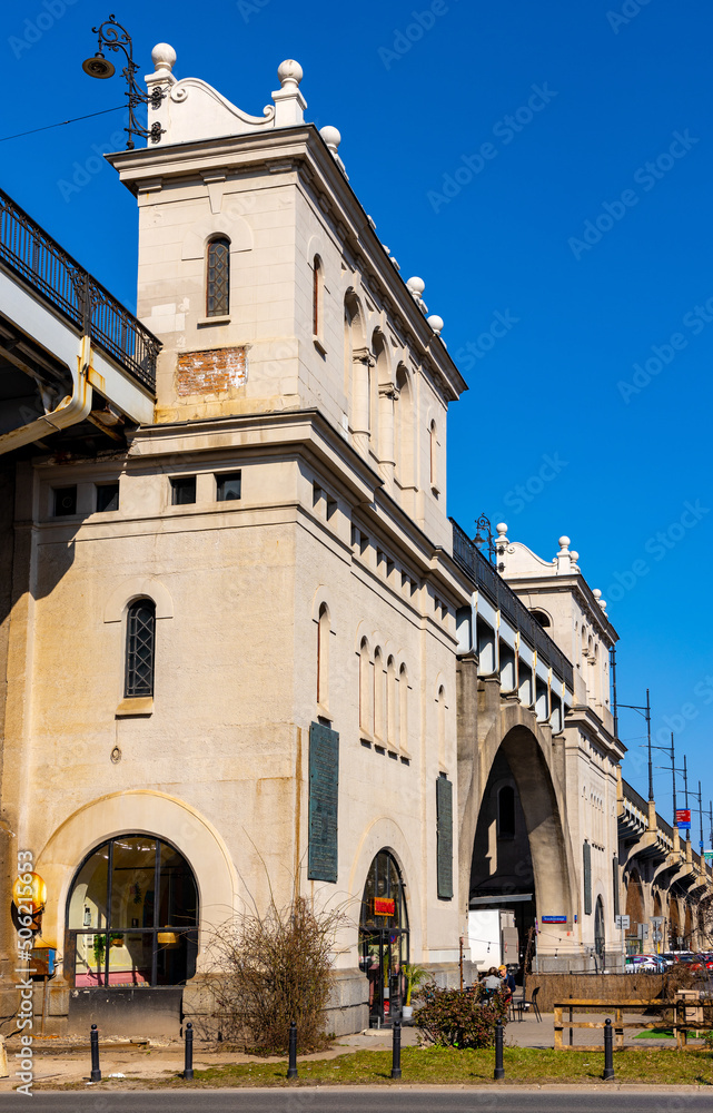 Most Poniatowskiego Bridge arch and overpass construction over Kruczkowskiego street and Powisle downtown district of Warsaw in Poland