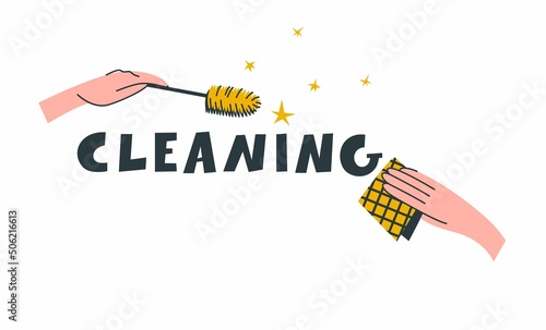 The cleaning fairy wipes and brushes off the dust. Lettering for the design of products related to the provision of cleaning services. Illustration in flat cartoon graphic style.