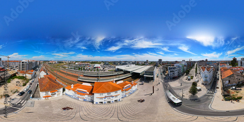 Beautiful 360 degree panoramic landscape panorama of the squere with Historic building of old Aveiro Railway station ornamented with typical blue azulejos tile exterior, Portugal.