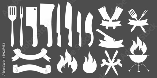 Logo constructor for doner, kebab, barbecue, grill party logo set. Vector stock illustration isolated on black chalkboard background for design packaging, logo, menu in restaurant, butcher shop. 