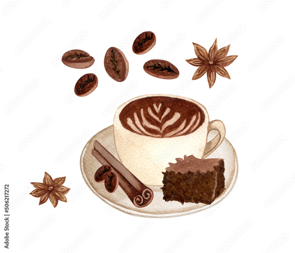 Watercolor coffee set with different hot drinks. latte, cappuccino, hot chocolate, caramel macciato with cinnamon and chocolate brownie isolated Watercolor coffee set with different hot drinks. latte, cappuccino, hot chocolate, caramel macciato with cinnamon and chocolate brownie isolated