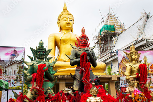 King Thao Wessuwan or Vasavana Kuvera giant for thai people visit respect praying and blessing holy mystery worship in Wat Rang Man temple at Kamphaeng Saen on May 4 , 2022 in Nakhon Pathom, Thailand photo