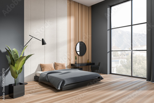 Canvas Modern bedroom interior with bed, dressing table and panoramic window
