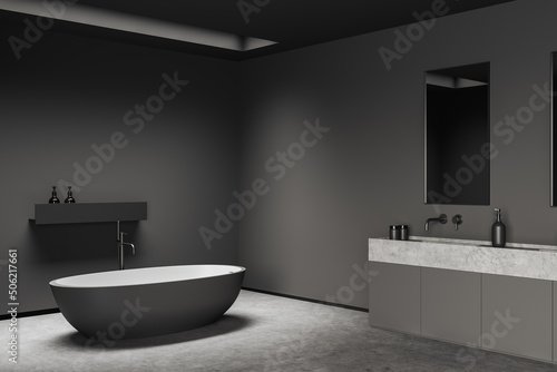 Grey bathroom interior with bathtub and sink. Mockup empty wall