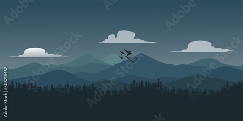 Vector illustration of beautiful panoramic view. Mountains in fog with forest background  landscape.
