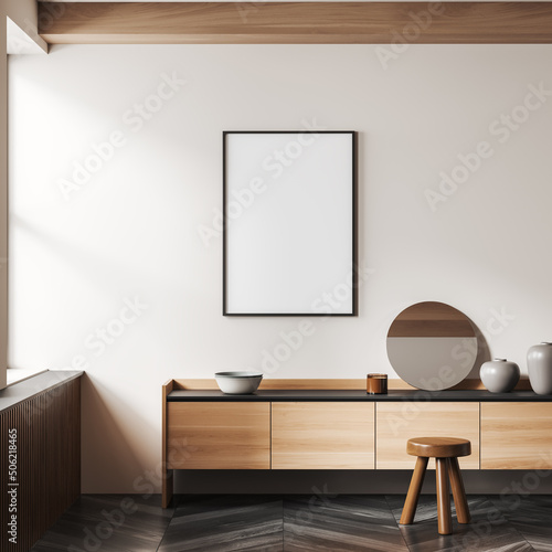Light exhibition room interior with drawer and decoration, mockup frame © ImageFlow