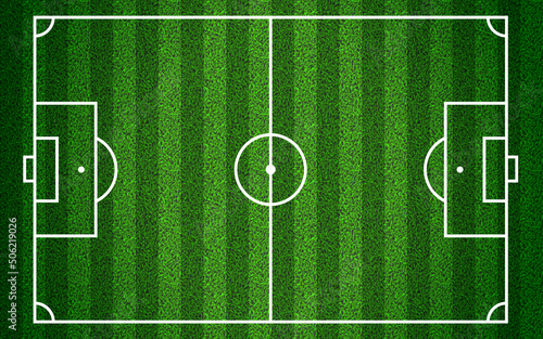 Realistic soccer field background top view with grass texture. Sport playground with white lines layout and turf pattern. Standard football stadium vector illustration. Match arena
