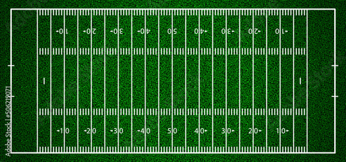 Realistic American football field background top view with grass pattern. Sport playground with white lines layout and turf texture. Standard stadium vector illustration. Match arena