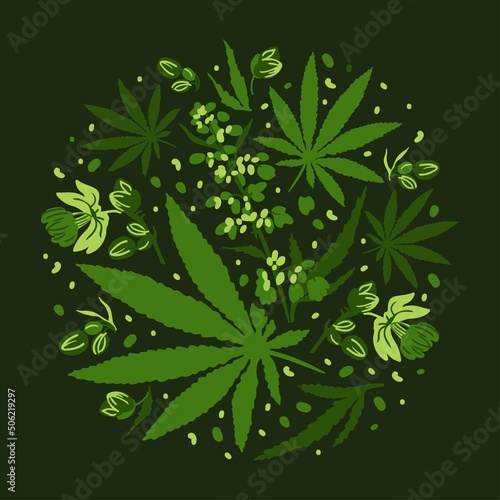 Decorative pattern with elements of cannabis leaves, flowers and seeds on a dark background. Hemp elements inscribed in a circle shape. Cartoon illustration in flat graphic style.