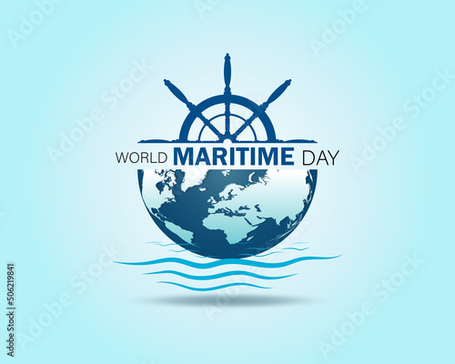 Fotografia World Maritime Day with World map and Ship Wheel Symbol.