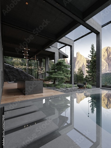 Modern loft large concrete structure space kitchen with garden, large bonsai trees and view to dolomiti mountains 3d rendering