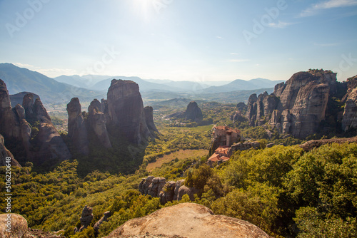 Summer day sky, rocks and monastery in Meteora Kalambaka Greece