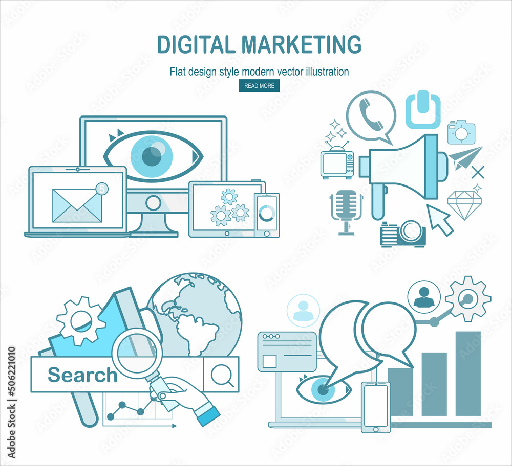 Digital marketing concept. Social network and media communication. SEO, SEM and promotion. Digital marketing concept. Social network and media communication. SEO, SEM and promotion.