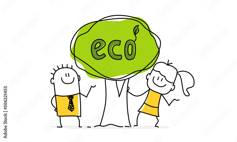 Fototapeta premium Stick figures with eco tree.