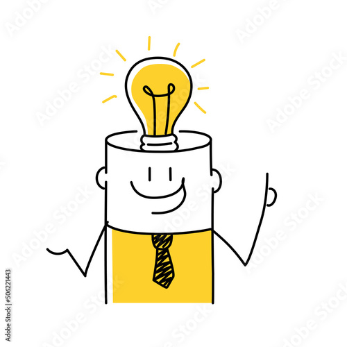 Stick man, businessman with idea and light bulb above his head.