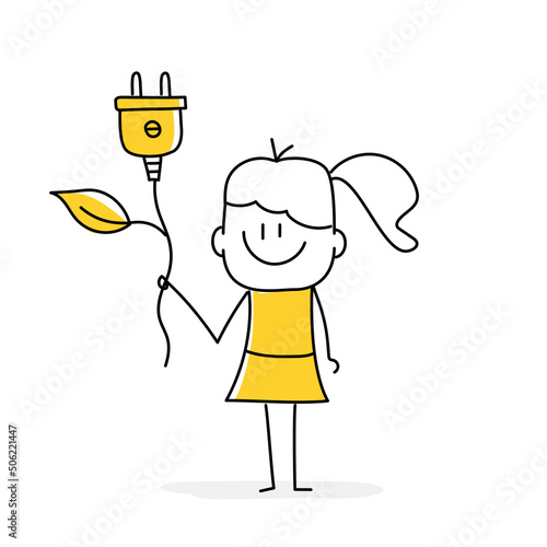 Stick figure, girl holding two pin power cable with eco concept. photo