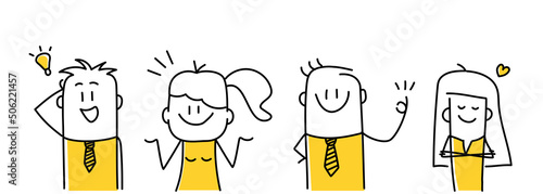 Set of happy stick figures showing various positive emotions with gestures.