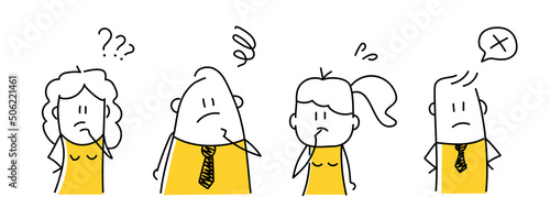 Set of sad stick figures showing various negative emotions with gestures.