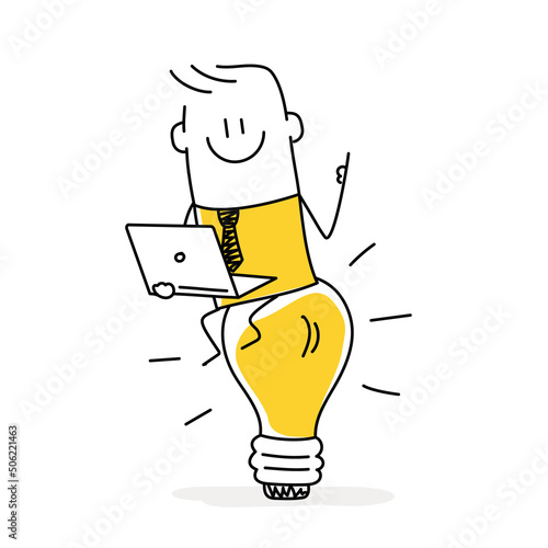 Happy smiling stickman, businessman, manager sitting on light bulb.