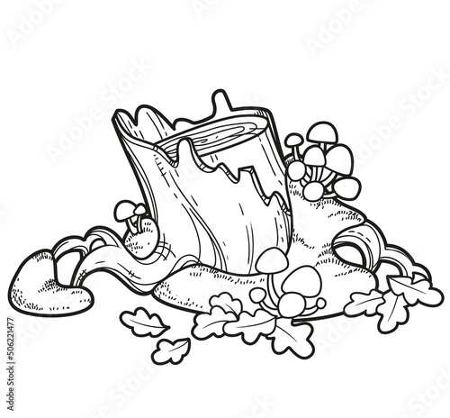 Stump covered with moss and toadstools linear drawing for coloring isolated on white background