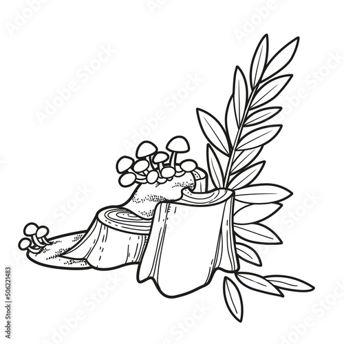 Stump with parasitic overgrowth toadstools and moss linear drawing for coloring isolated on white background