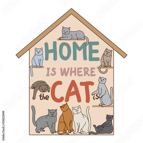 Home is where the cat is. The lettering is drawn by hand. Phrase text for typography. Isolated vector illustration of cute pet kittens on white background.