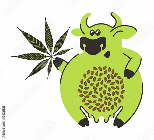 Cartoon character cow for alternative dairy products. Stylization of a cow for a logo. Hemp milk. Cannabis seeds and leaves. Illustration in the style of flat and contour graphics.