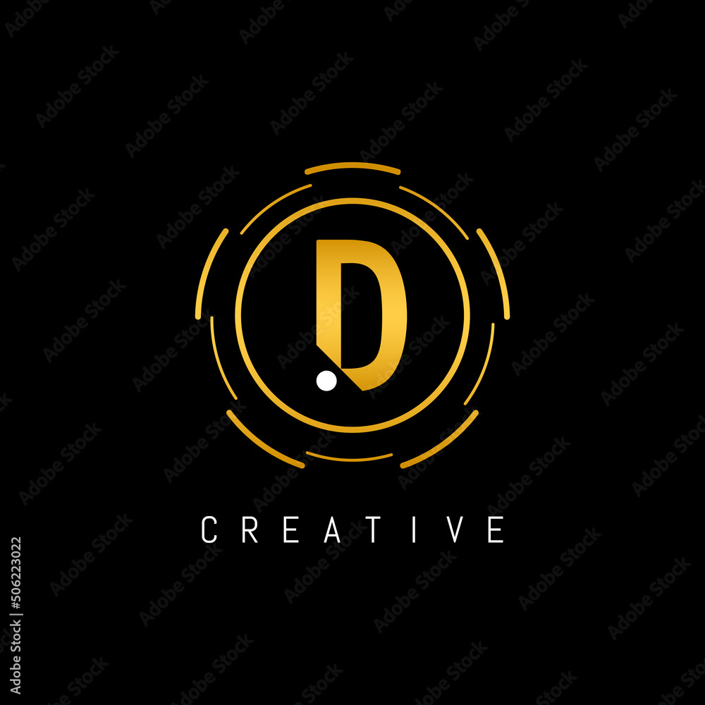 Golden Initial Letter D Logo Design with Circle Element. Linked Typography D Dot Letter Logo Design.