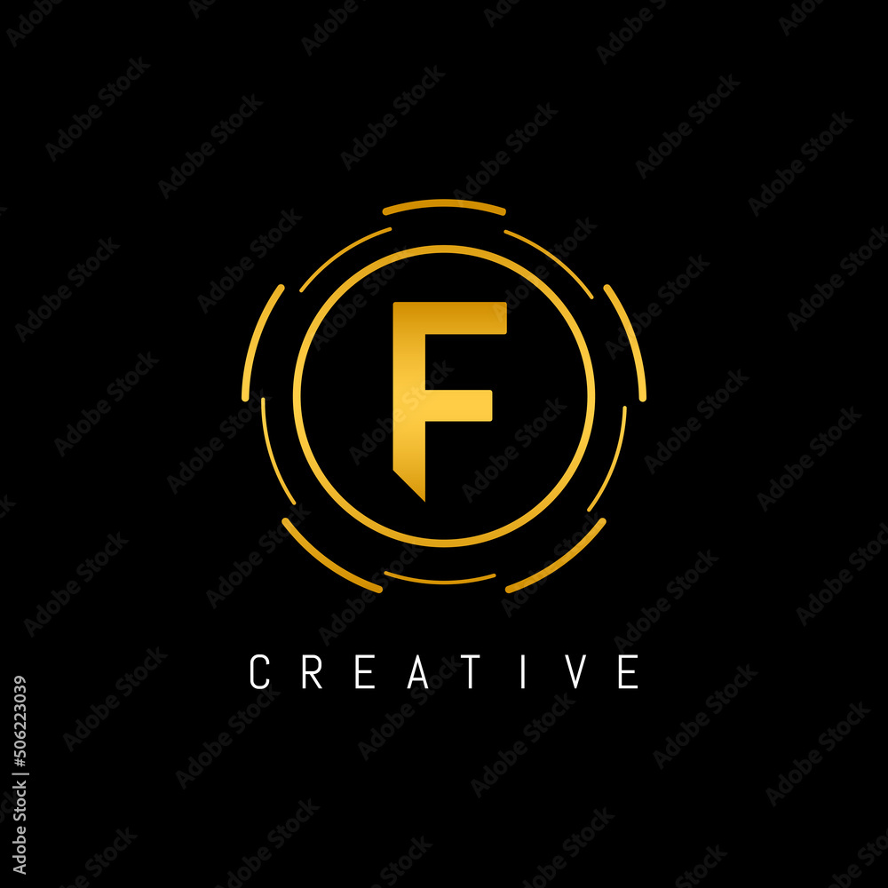 Obraz premium Golden Initial Letter F Logo Design with Circle Element. Linked Typography F Dot Letter Logo Design.
