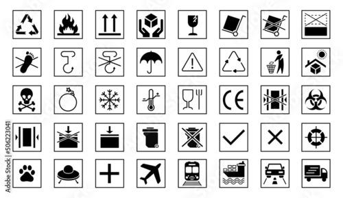 Packing badge templates, box stickers including fragile, recycled, handle with care, shipping by air, truck, car and ship. Set of vector signs