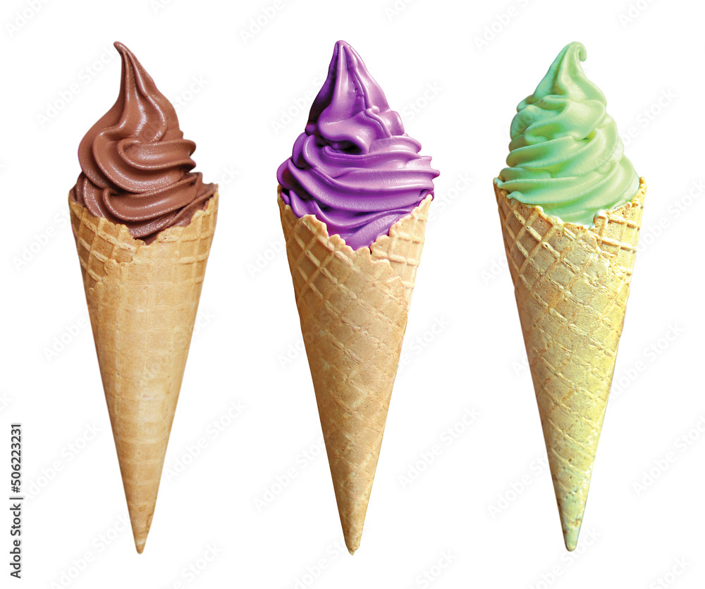 chocolate purple and green softserve on white background