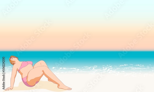 Beautiful plus size woman wearing underwear or swimsuit. Body positive concept. Attractive overweight girl relaxing on beach in summer. For Fat acceptance movement.