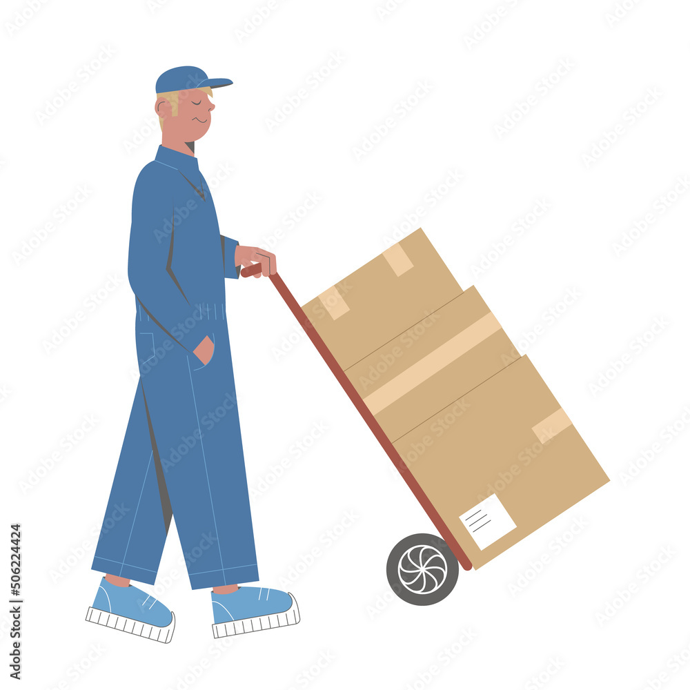 Flat modern design of delivery man courier, man drive package box Flat modern design of delivery man courier, man drive package box