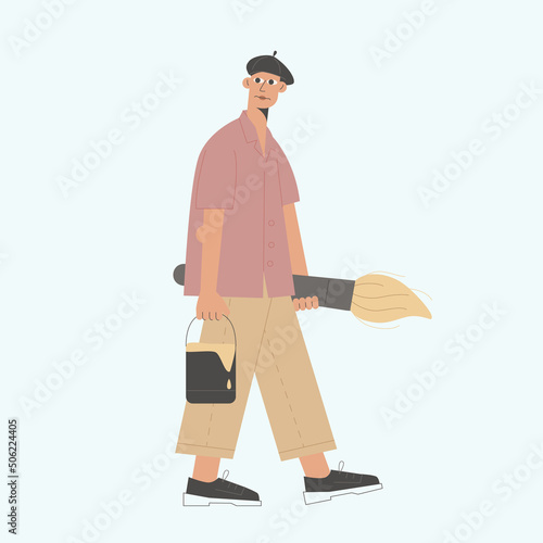 Flat modern design of male character artist with giant brush and paint can